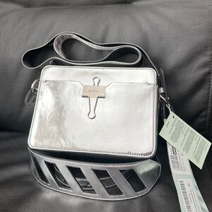 NWT OFF-WHITE Silver Patent Mirror Binder Clip Camera Bag with Belt